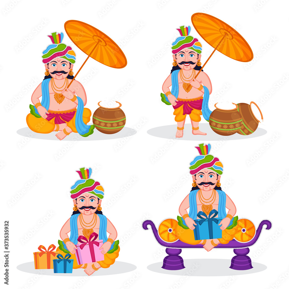 Illustration of cartoon character of King Mahabali holding umbrella, set of four poses. Happy Onam festival in Kerala. Stock Vector | Adobe Stock Illustration of cartoon character of King Mahabali holding umbrella, set of four poses. Happy Onam festival in Kerala. Stock Vector | Adobe Stock