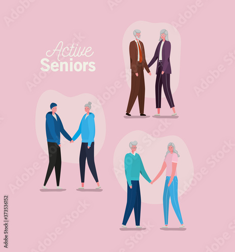 Set of active seniors woman and man cartoons on pink background design, Activity theme Vector illustration