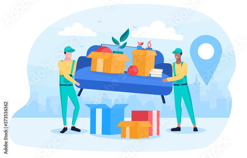 Removals workmen or courier delivering household goods with sofa and boxes, colored vector illustration