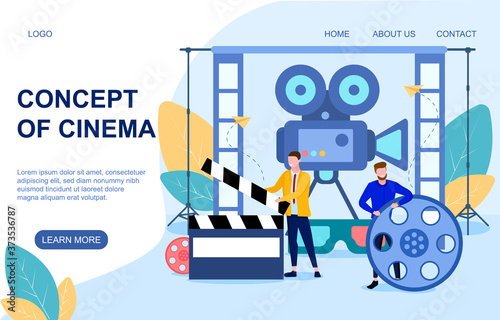 Concept of cinema and cinematography with reel of film, clapper board and movie projector, web page template, colored vector illustration. Web page template