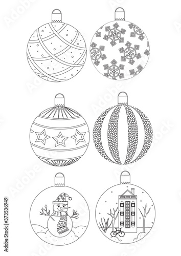 Coloring page with set of christmas balls for evergreen tree, outline vector stock illustration as antistress coloring book for adults in a4 size