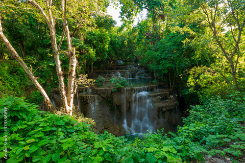 Waterfalls in the tropical rain forest call is Huay Mae Khamin Waterfall   Kanchanaburi Provice   Thailand