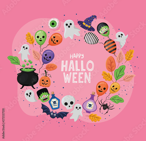 Halloween balloons and ghosts cartoons in circle shaped design, Holiday and scary theme Vector illustration