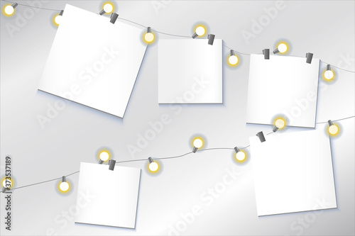 Blank with clothespin and garland with lamps as mockup, ioi banner template, realistic vector stock illustration with place for text