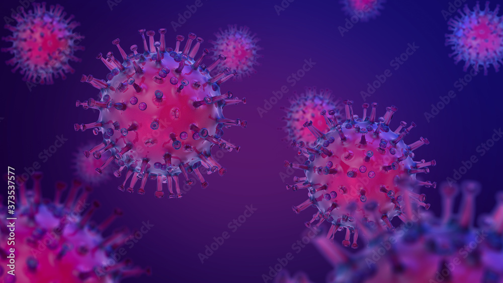 Pathogen respiratory coronavirus 2019-ncov viruses causing infection in host organism. 3D rendering.