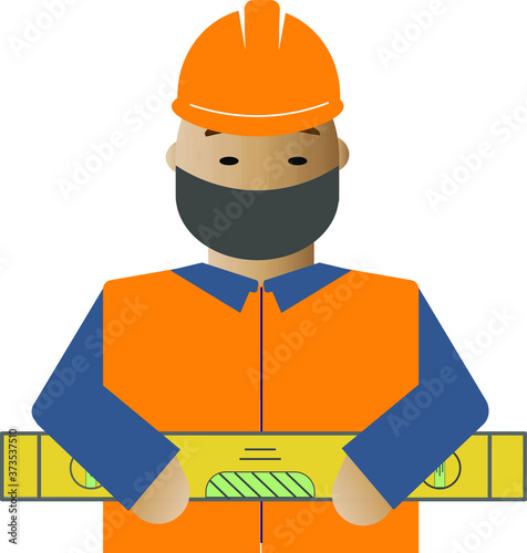 Worker holds a building level in his hand. Builder in hard hat on a white background.