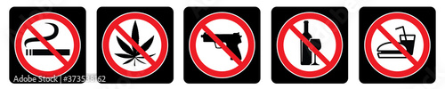 No smoking sign, No foods symbol, no alcohol icon, no weapon and marijuana icon- Prohibition sign collection on black background