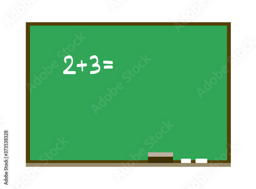 School blackboard in green. Mathematical addition is written in chalk. Vector isolated illustration in flat style.