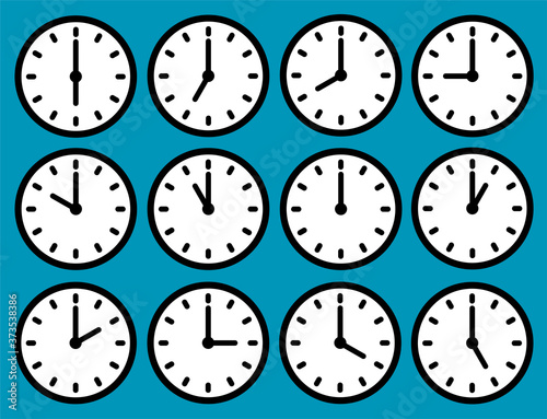 Clock icons set with different time. Round dial with hands. Vector illustration.