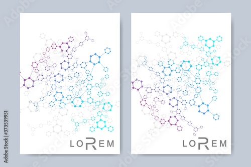 Vector templates for brochure magazine leaflet flyer cover booklet annual report. Modern futuristic hexagonal pattern with particle, molecule structure for medical, technology, chemistry, science