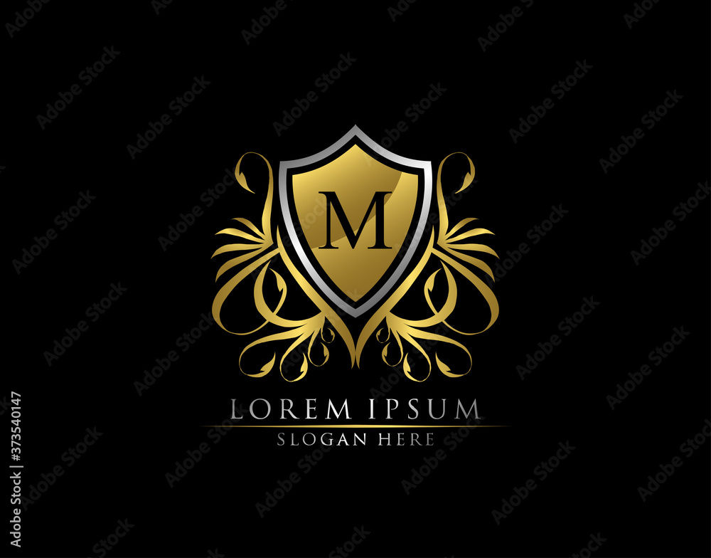 Gold Royal Shield M Letter Logo. Graceful Elegant gold shield icon design. Gold Royal Shield M Letter Logo. Graceful Elegant gold shield icon design.