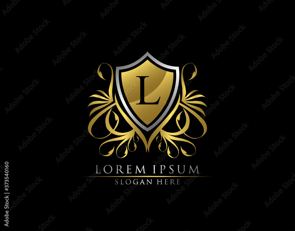 Fototapeta premium Gold Royal Shield L Letter Logo. Graceful Elegant gold shield icon design.