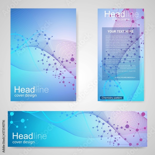 Set flyer, brochure size A4 template,banner. Molecular structure with connected lines and dots. Scientific pattern atom DNA with elements for magazine, leaflet, cover, poster design.