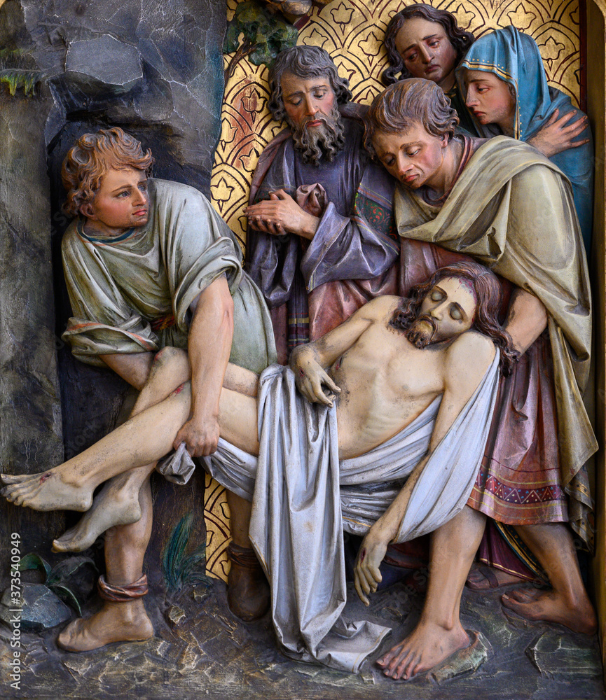 Jesus is laid in the tomb (also: The burial of Jesus or Entombment of Christ). St Martin's Cathedral in Bratislava, Slovakia. 2020/05/20. 