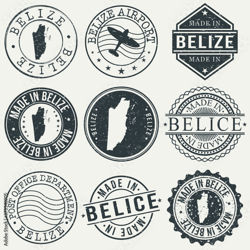 Belize Set of Stamps. Travel Stamp. Made In Product. Design Seals Old Style Insignia.
