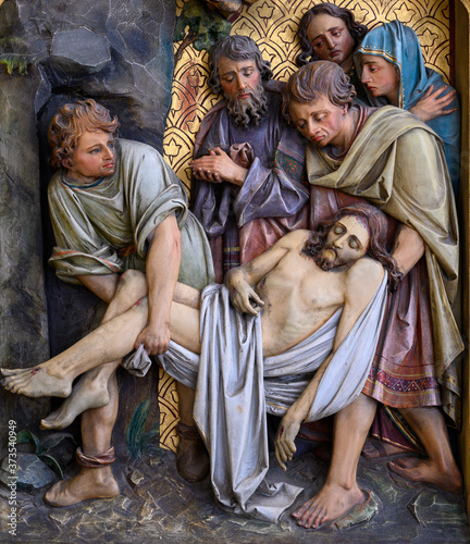 Jesus is laid in the tomb (also: The burial of Jesus or Entombment of Christ). St Martin's Cathedral in Bratislava, Slovakia. 2020/05/20.  photo