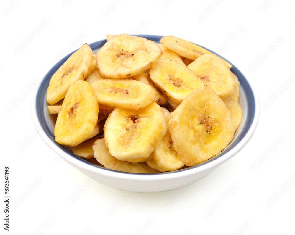 Banana chips on white background Banana chips on white background