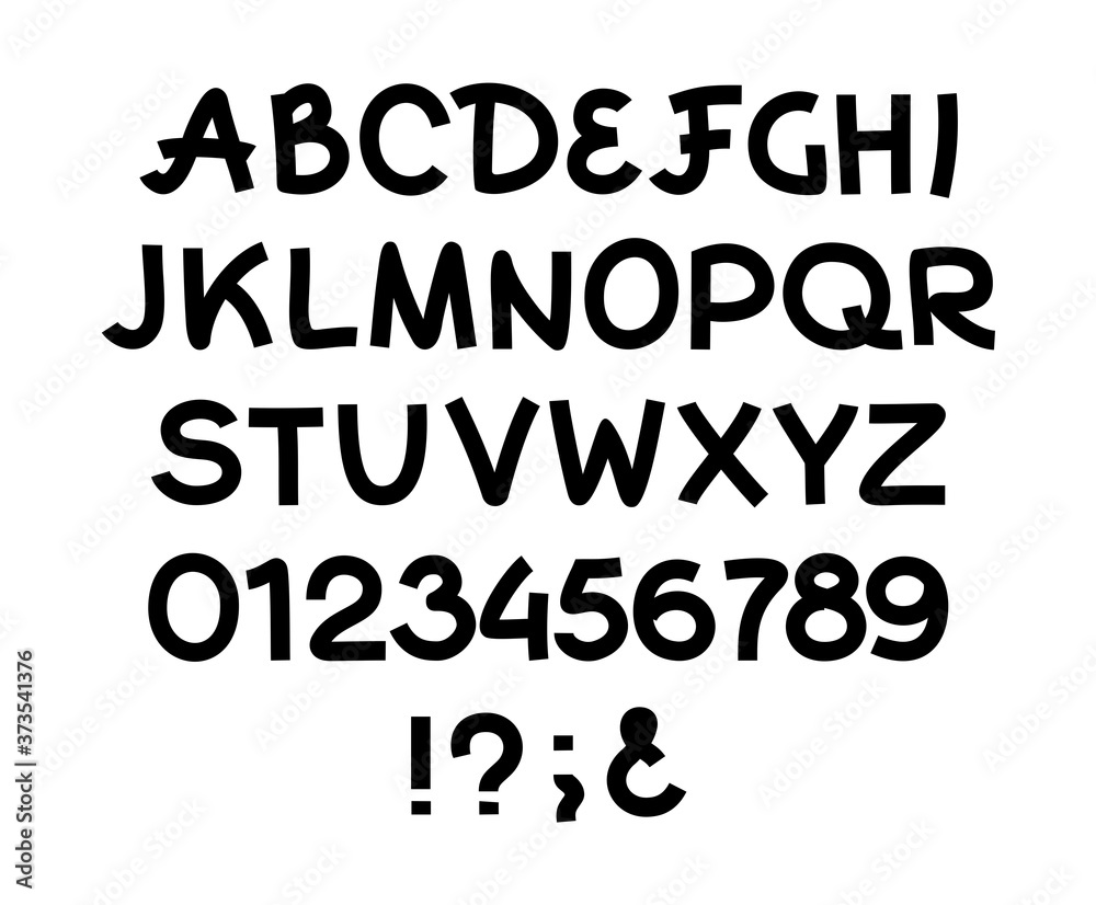English alphabet, thick lines, black. Handwritten, thick font. Black letters and numbers on a white field. Vector.  
