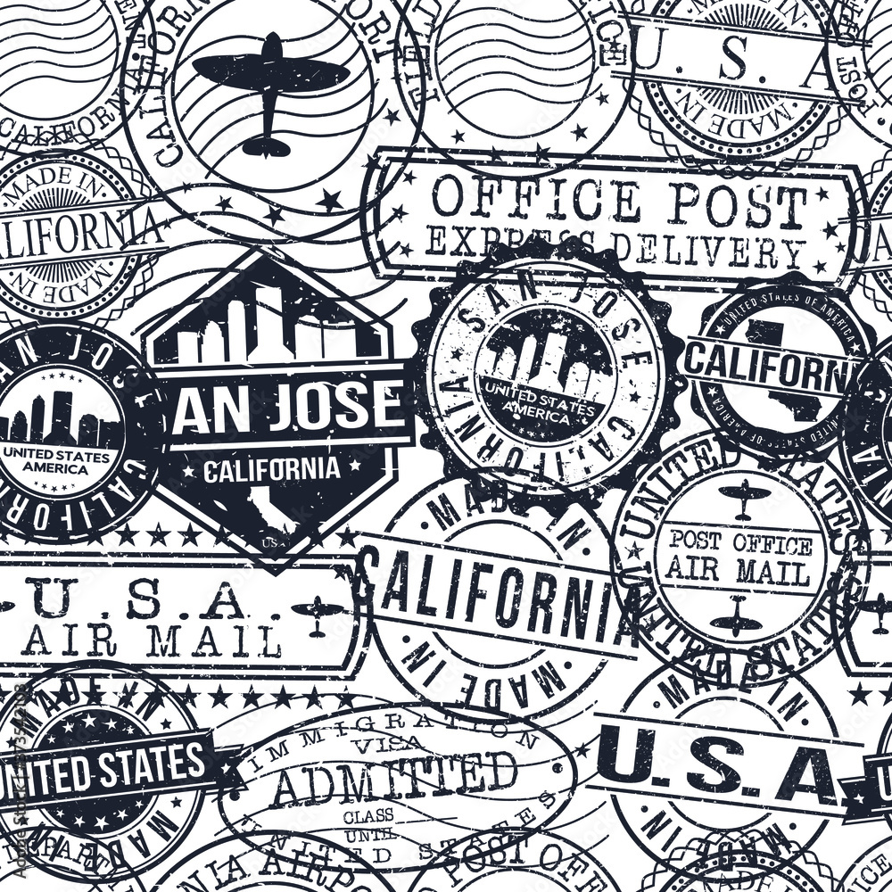 San Jose California Stamps. City Stamp Vector Art. Postal Passport Travel. Design Set Pattern.
