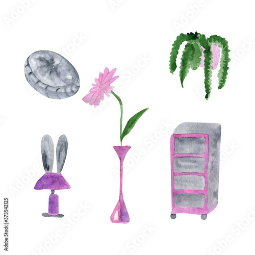 Stay at home set illustration watercolor interior isolated object on white background. For print design