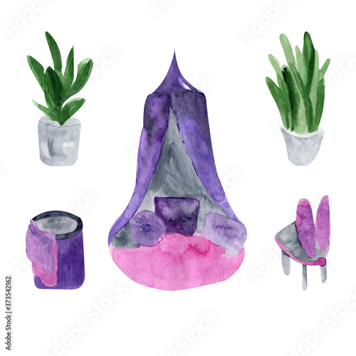 Stay at home set illustration watercolor interior isolated object on white background. For print design