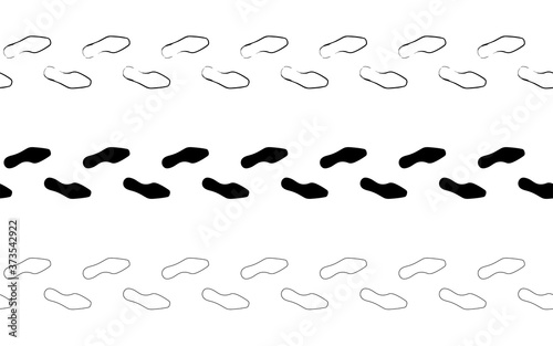 Flat linear design. Trail of footprints from a human foot in a shoe. Black and contour marks. Seamless path. Isolated vector elements.