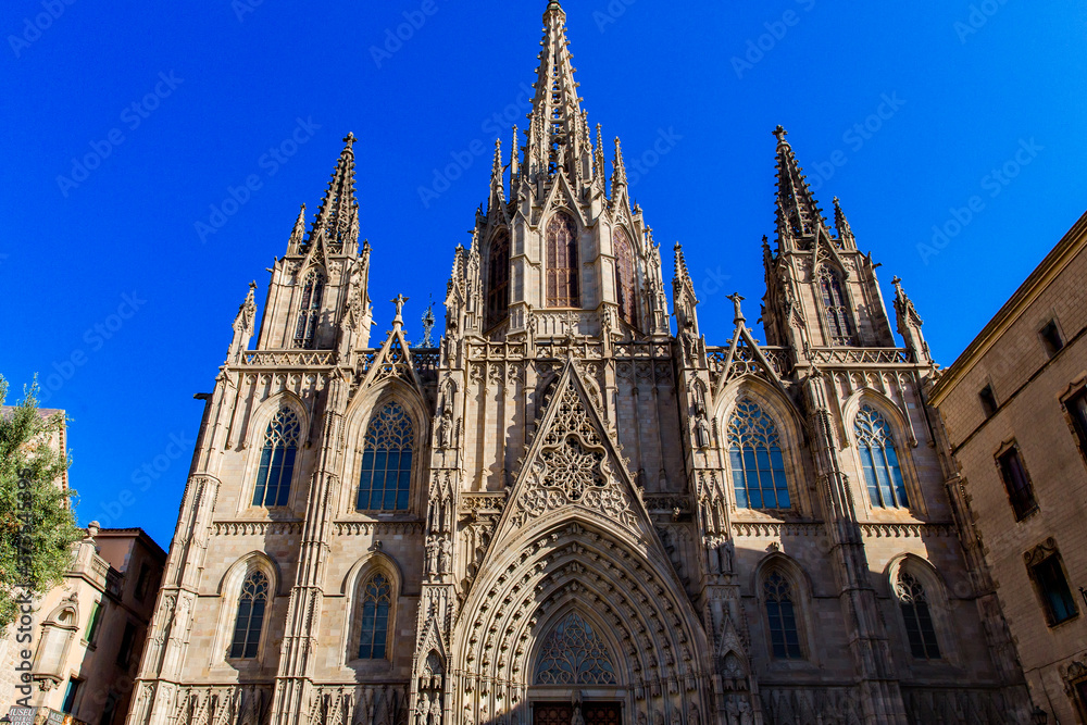Barcelona, Catalonia, Europe, Spain, September 22, 2019. Details of the exterior Cathedral Holy Cross and Saint Eulalia. Was constructed from the 13th to 15th centuries in Gothic Quarter in Barcelona