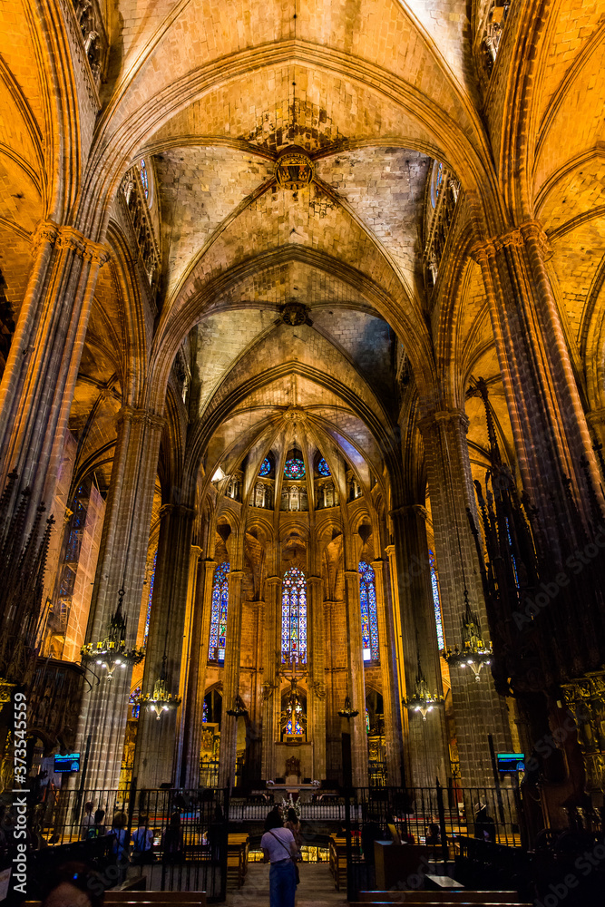 Barcelona, Catalonia, Europe, Spain, September 22, 2019. Awesome interior of the Cathedral of the Holy Cross and Saint Eulalia (Cafedral de la Santa Cruz Eulalia). 