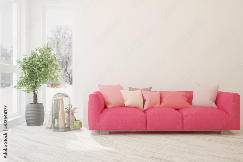 White stylish minimalist room with coral sofa. Scandinavian interior design. 3D illustration White stylish minimalist room with coral sofa. Scandinavian interior design. 3D illustration