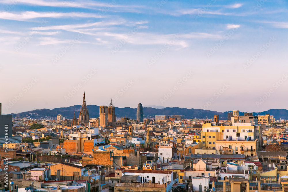 Top panoramic view of the Barcelona landscape. Europe, Barcelona, Spain. Historical buildings in the background.