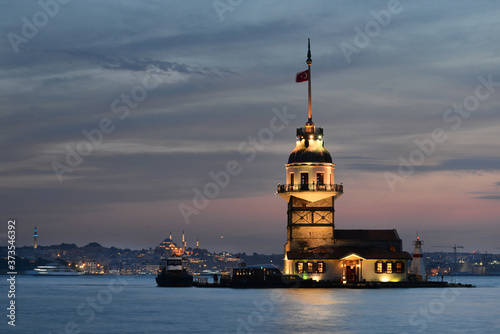 Historical Maiden's Tower or Kiz Kulesi at night  - Istanbul, Turkey
