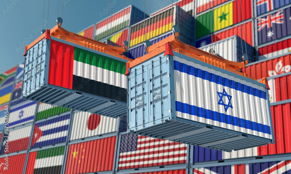 Freight containers with United Arab Emirates and Israel flag. 3D Rendering 