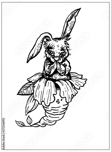 Magic earthen animal growing from the root of a plant with big flower petals, fairytale cute little rabbit-root with long ears, with folded paws and raised up ear, isolated in full growth.