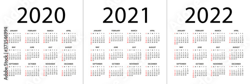 Calendar 2020 2021 2022 - illustration. Week starts on Sunday. Calendar Set for 2020, 2021, 2022 years