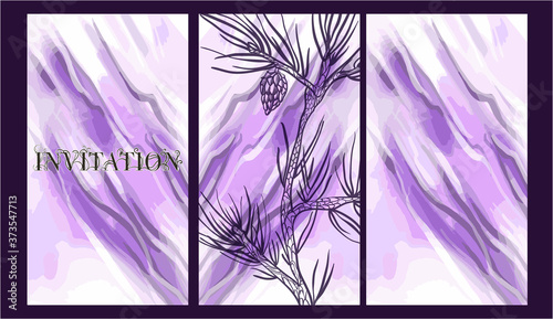 The inscription "Invitation" with a forest cone on a beautiful watercolor decorative background. Botanical design. Perfect for postcards, banners, covers, invitations. EPS 10