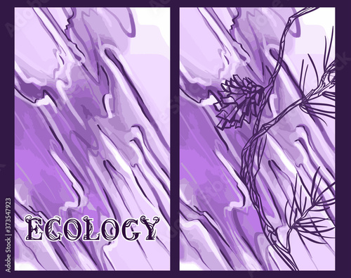 The inscription "ecology" with a forest cone on a beautiful watercolor decorative background. Botanical design. Perfect for postcards, banners, covers, invitations. EPS 10