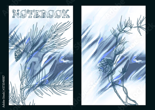 The inscription "notebook" with a forest cone on a beautiful watercolor decorative background. Botanical design. Perfect for postcards, banners, covers, invitations. EPS 10