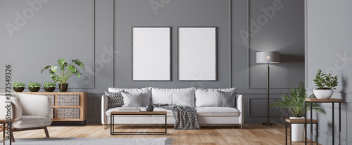 Frame mockup in living room interior , white sofa, armchair, lots of fresh plants and wooden coffee table, empty dark classic gray wall, panorama, 3d render