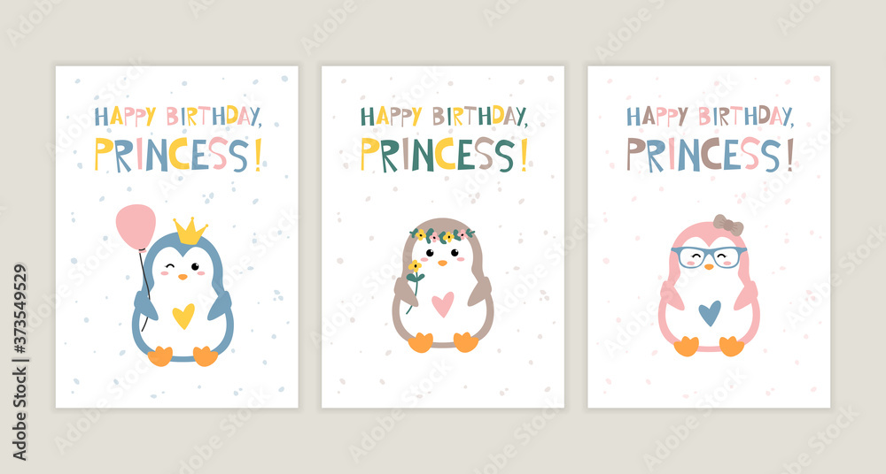 Set of birthday greeting cards design. Cute and fun festive postcard with hand drawn lettering
