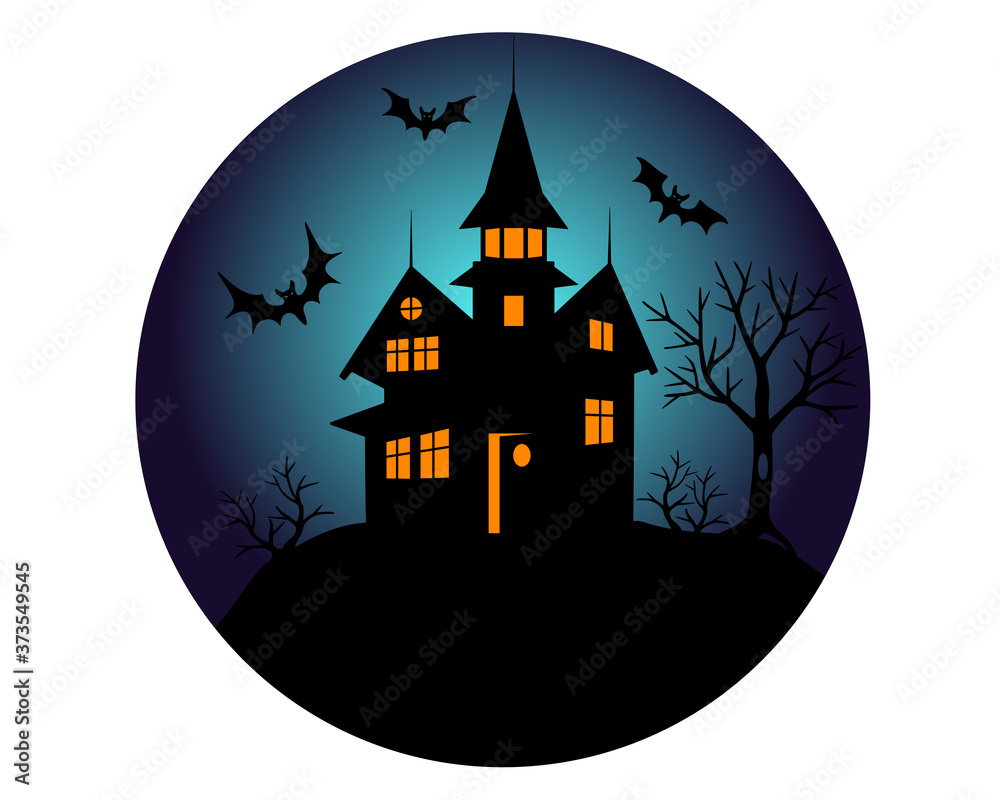 Halloween mansion with bats silhouette - vector round illustration. Illustration for the holiday Halloween - a scary house.