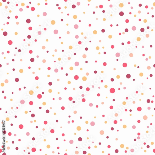Seamless abstract pattern of little red and orange circles and dots on white background.