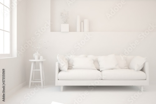 Stylish minimalist room with sofa in white color. Scandinavian interior design. 3D illustration