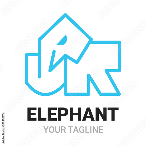 Elephant J, R (Junior) alphabets shape logo, icon, symbol or emblem template. Abstract linear style design vector. Animal Logotype concept. Blue color isolated on white background