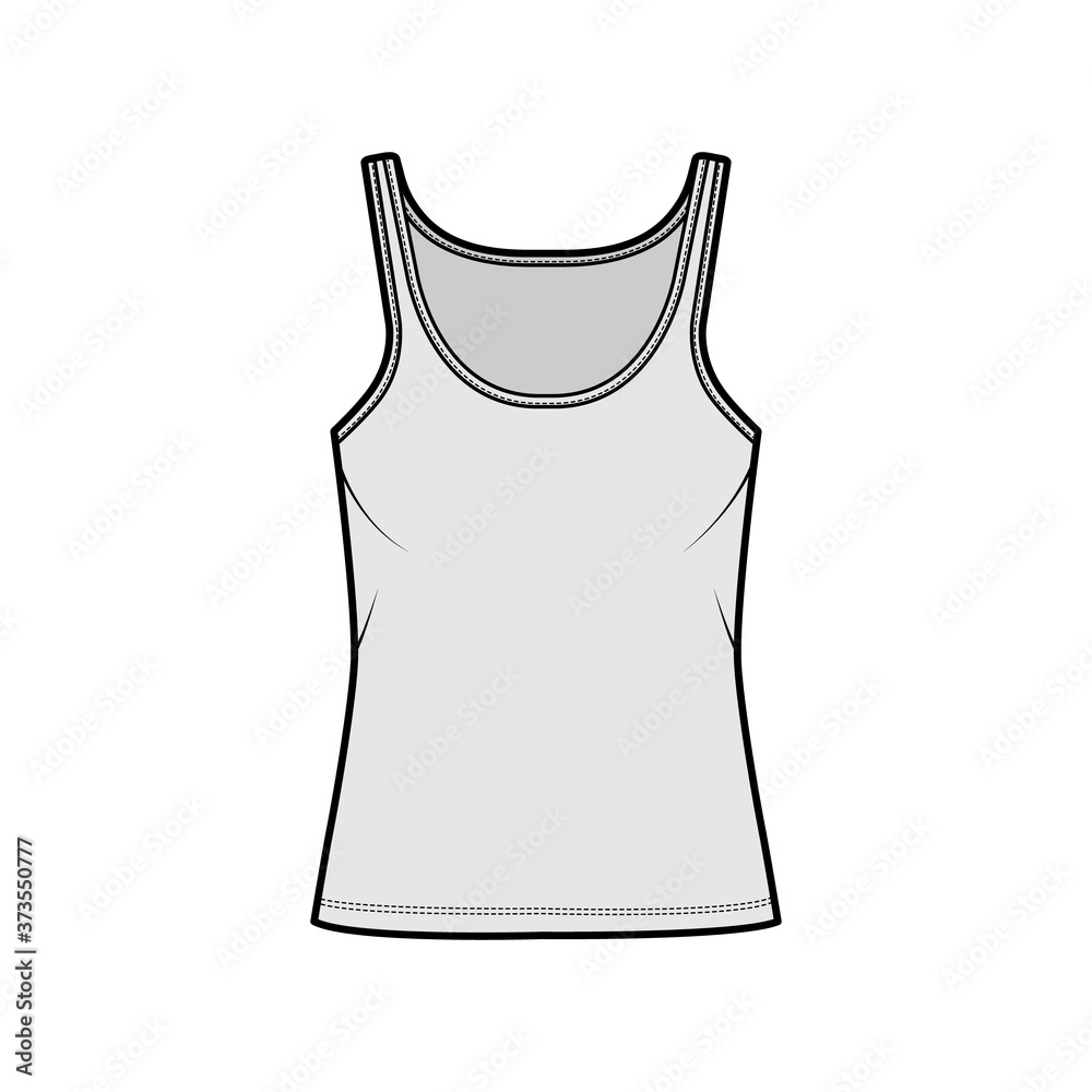 Cotton-jersey tank technical fashion illustration with scoop neck, relaxed fit, tunic length. Flat outwear basic camisole apparel template front, grey color. Women men unisex shirt top CAD mockup Cotton-jersey tank technical fashion illustration with scoop neck, relaxed fit, tunic length. Flat outwear basic camisole apparel template front, grey color. Women men unisex shirt top CAD mockup