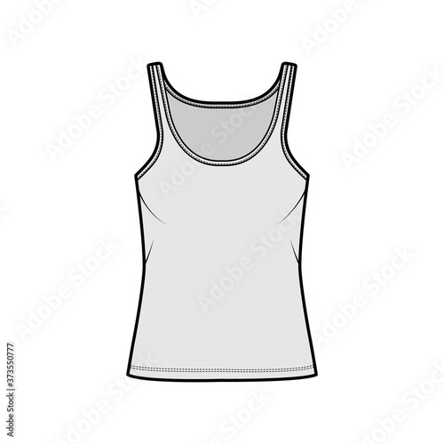 Cotton-jersey tank technical fashion illustration with scoop neck, relaxed fit, tunic length. Flat outwear basic camisole apparel template front, grey color. Women men unisex shirt top CAD mockup