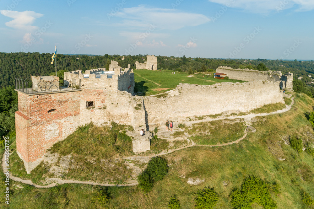 Aerial view of Kremenets castle ruins located on top of a hill in Kremenets town, Ternopil region, Ukraine.