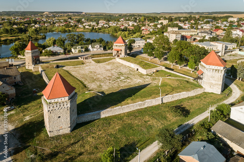 Aerial drone view of Skalatsy castle museum in Skalat town, Ternopil region, Ukraine. photo