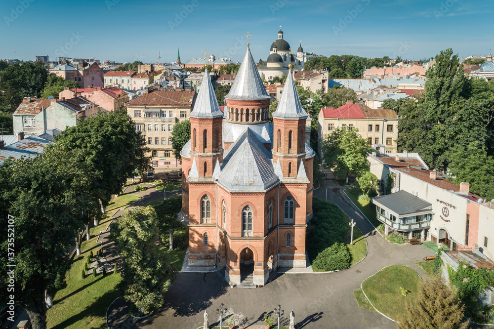 Aerial view of an Organ hall located in former armenian church in Chernivtsi, Ukraine.