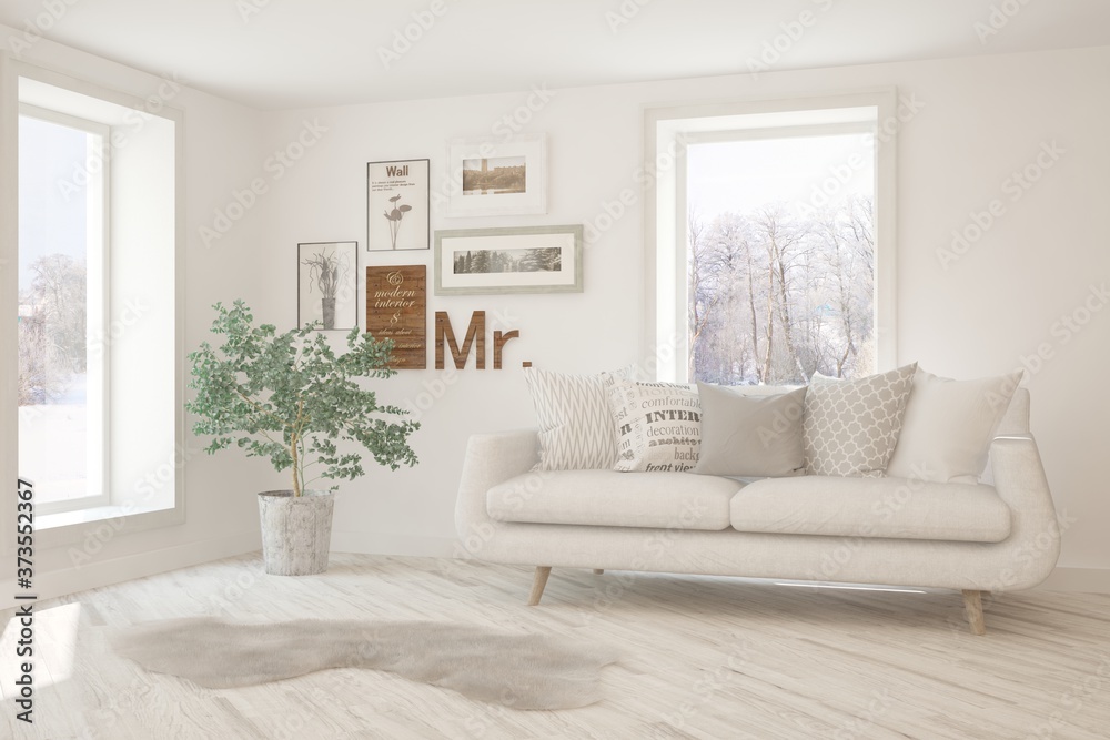 White stylish minimalist room with sofa and winter landscape in window. Scandinavian interior design. 3D illustration White stylish minimalist room with sofa and winter landscape in window. Scandinavian interior design. 3D illustration