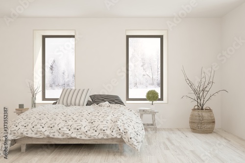 White stylish minimalist bedroom with winter landscape in window. Scandinavian interior design. 3D illustration